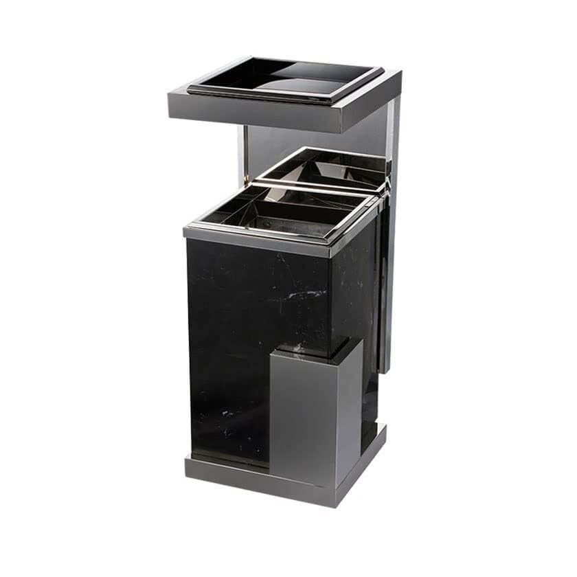 Light Luxury Marble & Stainless Steel Trash Can with Ashtray, 12L Capacity for Hotel Lobby & Home(Black)