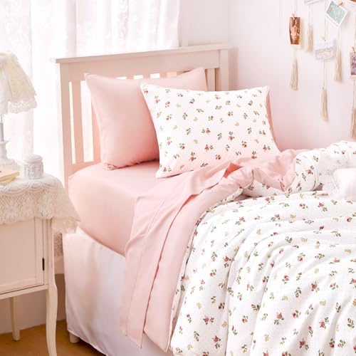 Image of Wake In Cloud - Floral Comforter Set, Coquette Cottagecore Aesthetic Cute Flower Rose Pattern for Women Teen Girls, Soft Lightweight Dorm Bedding, 3 Pieces, Pink, Twin /Twin XL Size