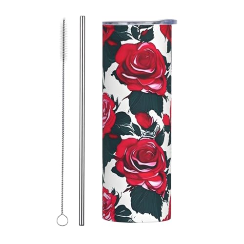 Juego de dos tazas de acero inoxidable con tapa, botella de agua aislada con estampado floral de rosas de 20 onzas, fácil de transportar para cafetería, oficina, coche, deportes