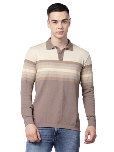 Image of Kalt Men Full Sleeves Striped Polo Neck Cotton Elasthane Knit T-Shirt