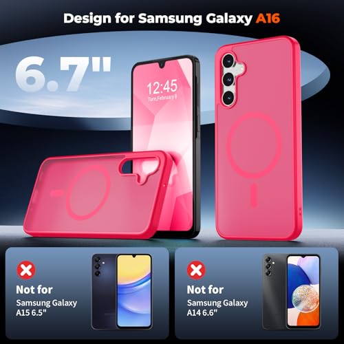 Image of SUPFINE Magnetic for Samsung Galaxy A16 5G Case with Screen Protector, (Built-in Magnets) (Military Grade Drop Protection) Slim Translucent Shockproof Phone Case,Hot Pink