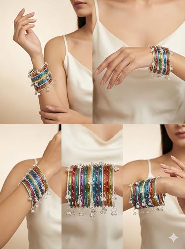 Image of MM Jewls Multicolor Glass Bangles Set Size with Silver Ghungroo Charms | Designer Ethnic Indian Chudi for Women | Party, Festive & Wedding(Pack of 18)