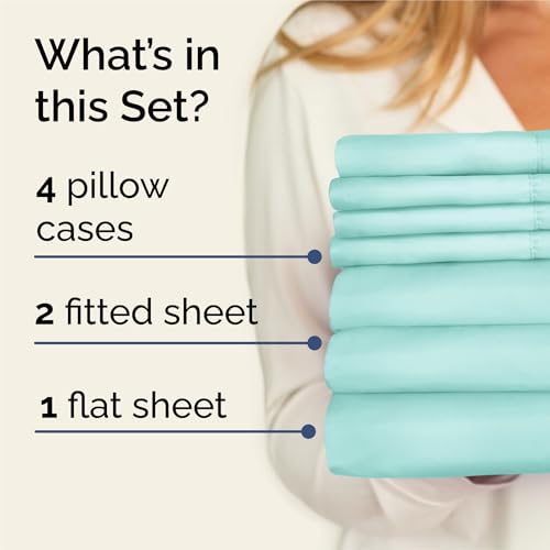 Image of Split King 7 Piece Bed Sheet Set - Comfy, Breathable & Cooling - Spa Blue | Ultra-Soft Hotel Luxury Bedding Set w / 8-16 Inch Deep Pockets, 1 Flat & 2 Fitted Sheet & 4 Pillowcases, Wrinkle & Fade Free