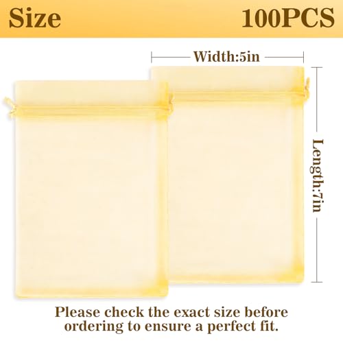 Image of Sukh Gold Organza Bags 5''x7'' - 100pcs Sheer Mesh Drawstring Bags for Jewelry, Soap, Fruits, Candy, Small Gift Bags for Weddings, Valentine's Day, Mother's Day, Halloween, Thanksgiving, Christmas