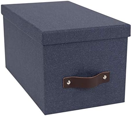 Bigso Silvia Organizational Storage Box | Photo Storage Box with Leather Handle for Shelves and Stacks Easily | Durable and Decorative Storage Boxes with Lids | 5.9″ x 6.5″ x 11.6″ | Blue