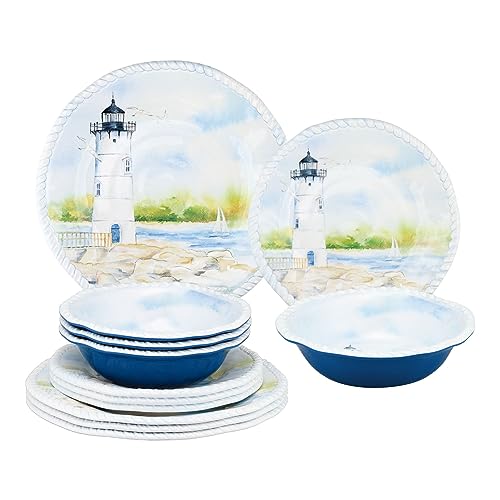 UPware 12 Piece Coastal Lighthouse Melamine Dinnerware Sets, Outdoor Dishes Set, Plates and Bowls Sets, Service for 4, Blue