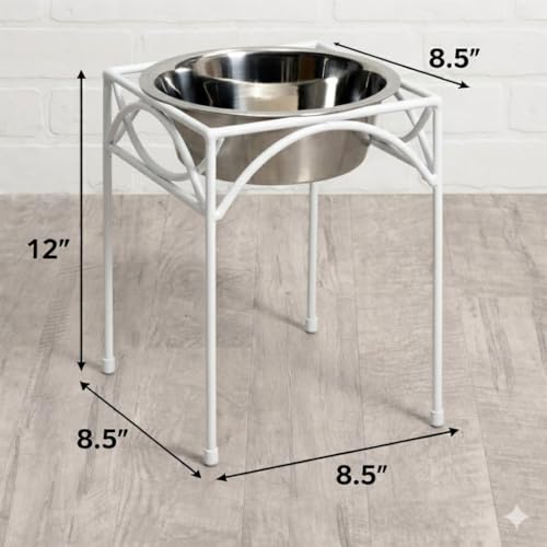 Image of Acrylic Design Art Single Bowl Raised Feeder - Elevated Feeding Station - Metal, Wrought Iron Dog Bowl, Large and XL Dogs (Large - 12 inch Tall) White