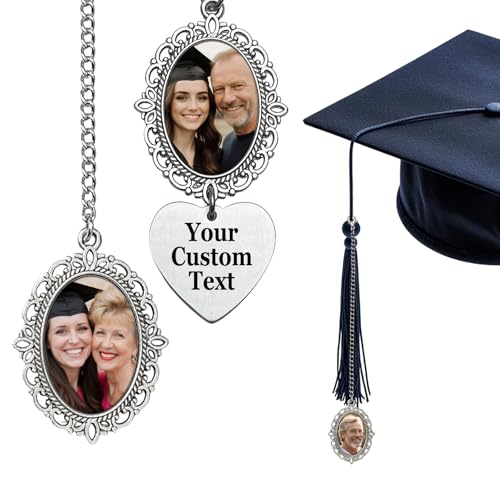 Custom Graduation Tassel Photo Charm Personalized 2025 2026 for Cap Memorial Charms for College High School Grad Ceremony Memorial Gift (Silver Tone Oval Tassel)