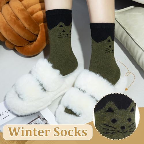 Image of 5 Pairs Wool Socks for Women, Winter Warm Cute Cat Crew Socks