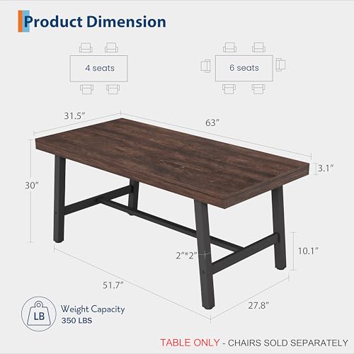 Image of GarveeHome Industrial Dining Table for 4-6 People, 63 inch Long Kitchen Table with Sturdy Metal Frame, Rectangular Counter for Dinner, Kitchen, Dining Room (Rustic Birch, 63 inch Non-extendable)
