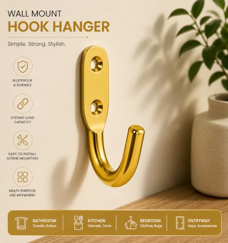 Image of iSTAR Stainless Steel Unbreakable J Type Hook Bathroom Hooks Cloth Hanger Wall Hook Door Robe Hooks for Hanging Keys,Clothes (Gold-Pack of 10)
