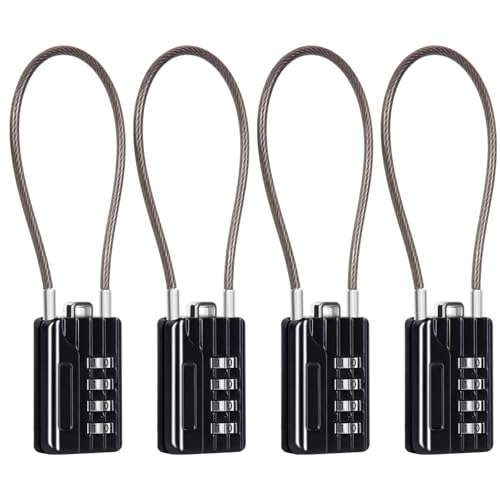 SEPOX® 4Pcs Versatile Resettable 4-Digit Combination Padlock with Extra Long Cable 18cm, Personalized Password, Durable Vinyl Steel Cable Black, Multipurpose Lock for Suitcase, Gym Lockers, Toolbox