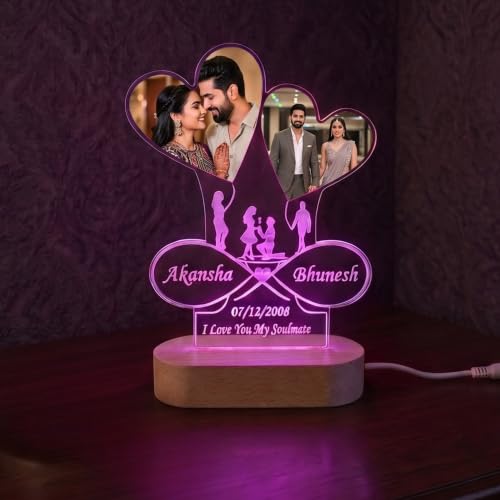 Image of Personalized Double Heart LED Photo Lamp with Name & Date | Custom Acrylic Couple Night Light with Wooden Base | Romantic Gift for Anniversary, Wedding, Valentine, Birthday