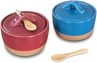 Mora Ceramic Salt and Pepper Cellar Set with Lid - 10 oz Modern Canister/Container/Bowl for Storage, Sea Salt, Spice, Sugar, Countertop - Small Dish/Jar with Wood Spoon, Azure Blue & Crimson Red Crock