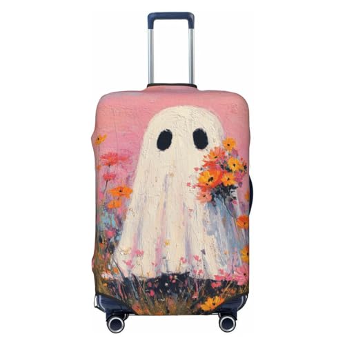Cute Ghost Holding Flowers Elastic Travel Luggage Covers Dustproof Scratch-Resistant Suitcase Protector Fit 22-24 Inch