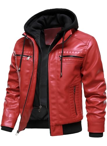 HOOD CREW Men Faux Leather Jacket with Detachable Hood Casual Motorcycle Bomber Jackets Outerwear Red M
