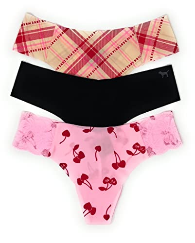 Victoria's Secret Pink Thong Panty Set Of 3 Large No-Show Cream Plaid Logo / Black / Pink Cherries #TOP6
