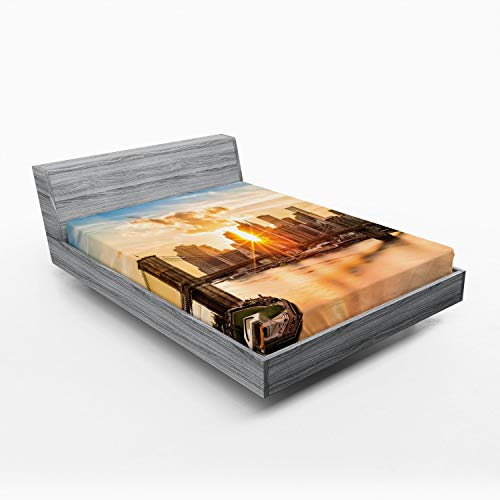 Ambesonne New York Fitted Sheet, Cityscape of Brooklyn Bridge and Manhattan River Center of Culture Photo, Bed Cover with All-Round Elastic Deep Pocket for Comfort, Full Size, Multicolor