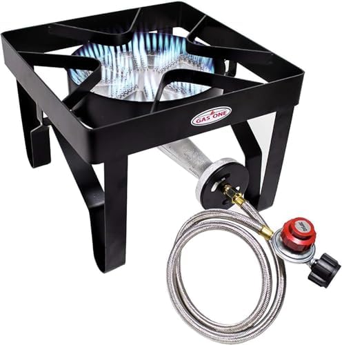 GAS ONE 200,000 BTU Square Heavy- Duty Single Burner Outdoor Stove Propane Gas Cooker with Adjustable 0-20PSI Regulator and Steel Braided Hose Perfect for Home Brewing, Turkey Fry, Maple Syrup Prep