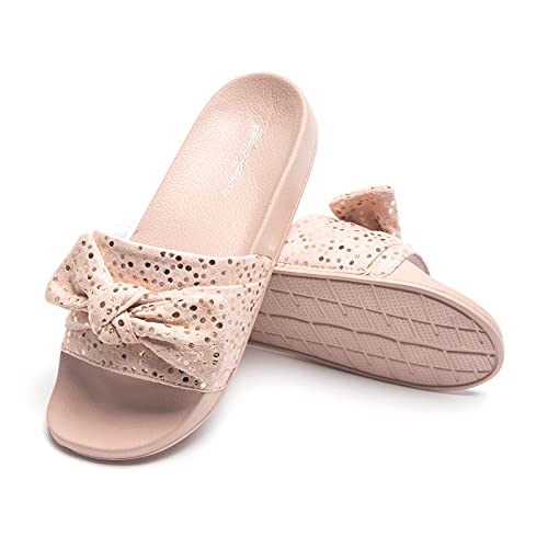 Image of FUNKYMONKEY Women's Bowknot Slides Sandals Comfort Casual Beach Slippers | Soft Denim Fabric Upper & Comfortable EVA Sole, Lightweight Slip-On Slides for Summer, Beach, Pool, and Daily Casual Wear