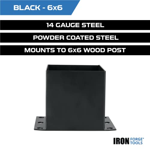 Image of Iron Forge Tools 6x6 Post Base for Concrete, 4 Pack - Black, 5.6 x 5.6 Inch | Heavy Duty Steel Fence Post Anchors, For Wood Deck, Fence, Porch, Railing or Pergola