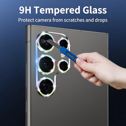 Dengduoduo 3 Pack Camera Lens Protector for Samsung Galaxy S24 Ultra, Tempered Glass Camera Protector Back Lens Cover, Bling Glitter Ultra HD, 9H Hardness, Anti-Scratch, Easy to Install, Colorful