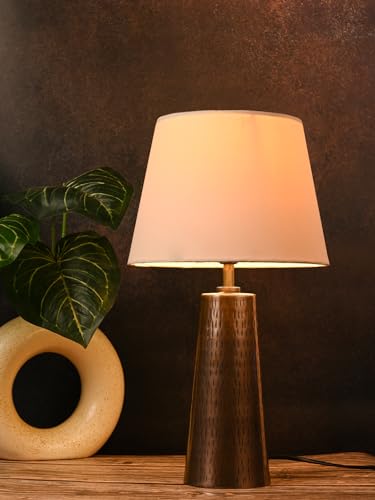 Image of Green Girgit Copper Etched V-Shaped Lamp with Taper Solid White Shade | Galvanized Iron Bedside Metal Handcrafted Night & Reading Lamp | Home & Living Room Decor Item