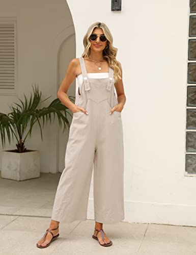 Amebelle Women's Loose Cotton Linen Overalls Sleeveless Adjustable Straps Wide Leg Jumpsuits With Pockets(2266-Apricot-S) #TOP5