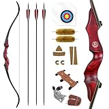 HANDBAIGE HBG 60Inch Red Recurve Bow Kit with 3pcs Real Feather Arrows for Hunting and Shooting Practice 25-60lbs Right Hand Bow Set (35lbs)