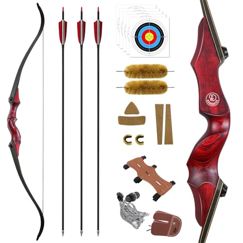 HANDBAIGE HBG 60Inch Red Recurve Bow Kit with 3pcs Real Feather Arrows for Hunting and Shooting Practice 25-60lbs Right Hand Bow Set (35lbs)