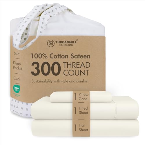 Image of Threadmill 300 Thread Count Cotton Twin XL Sheet Set, Sateen, Solid, Ivory | 100% Cotton, Sateen Weave, 3-Piece Set, 16 inch Deep Pocket, Cooling, Breathable, OEKO-TEX Certified, Machine Washable