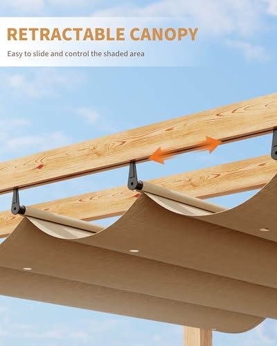 Image of KYBOLT 10x13 Ft Outdoor Pergola with Retractable Canopy Upgraded Aluminum Faux Wood Grain Patio Pergola for Modern Backyard Deck Porch Grape Trellis(Khaki)