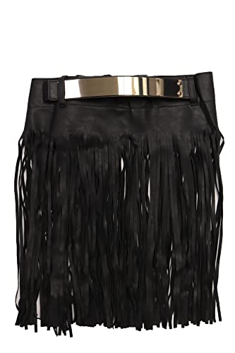 Women Fashion Holidays Style Skirt Belt Hip Gold Metal Plate Black Faux Leather Fringes Size S M4