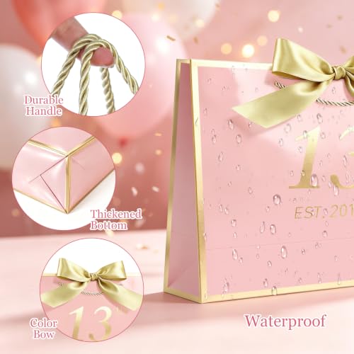 Image of JMANNI Birthday Gift Bag with Card and Tissue Paper for Men Women Him, Elegant Pink Gold Anniversary Keepsake Party Present Shopping Paper Bags for Gifts Wrapping Pink / 13 inch Large /EST.2013 13th