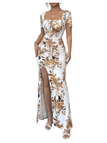 Image of Floerns Women's Floral Short Puff Sleeve Milkmaid Dress Boho A Line Long Dresses