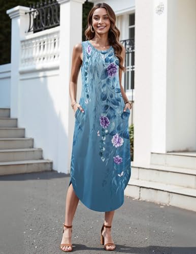 Image of Zeagoo Women Floral Summer Casual Beach Printed Tank Dress with Pockets Pleated Front Long Dress