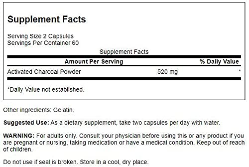 Swanson Activated Charcoal - Natural Supplement Supporting Healthy Absorption - Helps W/ Bloating & Maintaining Bowel Regularity - (120 Capsules, 520Mg Per Serving) #TOP1
