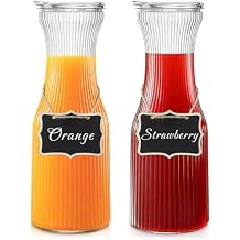 INSETLAN 1 Liter Ribbed Glass Carafe with Lid, Set of 2- Juice Carafe for Mimosa Bar, Brunch,Parties, Beverage Serveware, Cold Brew Coffee, Milk, Iced Tea, Lemonade -Includes 2 Wooden Chalkboard Label