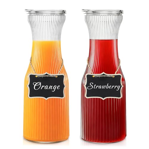 INSETLAN 1 Liter Ribbed Glass Carafe with Lid, Set of 2- Juice Carafe for Mimosa Bar, Brunch,Parties, Beverage Serveware, Cold Brew Coffee, Milk, Iced Tea, Lemonade -Includes 2 Wooden Chalkboard Label by INSETLAN - Used condition - US$16.99