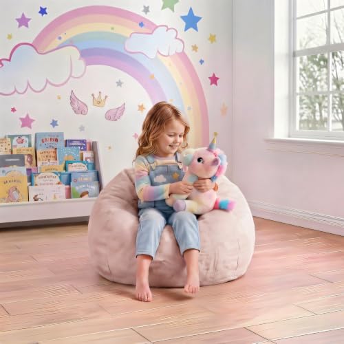 Image of Hobestluk Small Bean Bag Chair Round Teardrop Faux Fur Cushion Lounger | Soft Plush Fluffy Lazy Comfy Cute Furniture Removable Cover Portable Lightweight Bedroom Living Room Dorm Pink