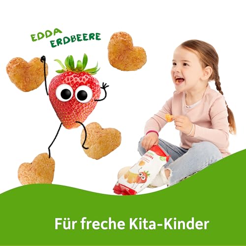 FRECHE FREUNDE Bio Knusper Herzchen aus gepufftem Mais, mit Bananen und Erdbeerpulver, fruchtig-süße Knabberei für Kinder, vegan, glutenfrei, 9er Pack (9 x 30g)