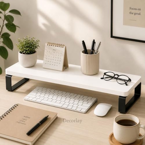 Image of Decorlay Engineered Wood Monitor Stand Riser for Desktop Computer & Laptop | Heavy Duty Metal Frame | Ergonomic Screen Elevation Shelf | Space Saving Desk Organizer with Keyboard Storage | White