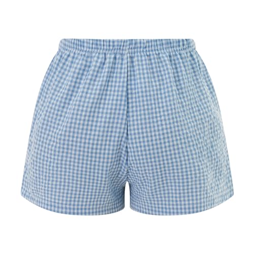 Image of Womens Y2k Cute Plaid Striped Print Pajama Boxer Shorts Gingham Lounge PJ Bottoms Shorts Checkered Sleep Shorts