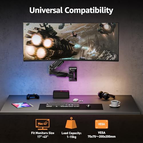 ELIVED Monitor Wall Mount for 17-43 Inch Ultrawide Screens, Gas Spring Monitor Arm Holds Up to 15kg, Adjustable Tilt Swivel Rotate Single Arm with VESA Extension Kit, VESA 75/100/200, EV3421B