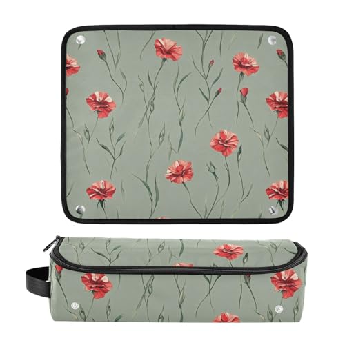 Bolso de viaje Red Flowers Sage Green para herramientas de cabello con almohadilla resistente al calor para planchas y rizadores, doble capa miniatura 3