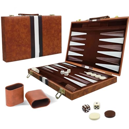 KBIBCK Juego de backgammon, maletín de backgammon, juegos de mesa clásicos para 2 jugadores, juego de estrategia de viaje portátil con funda de piel sintética de alta calidad, piezas de ajedrez y