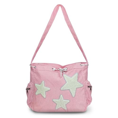 FuninCrea Bolso bandolera para mujer, con diseño de pentagrama, con 3 bolsillos con cremallera, bolsillos de pana de gran capacidad, con cremallera y cordón, para ir de compras, viajar, Rosa.