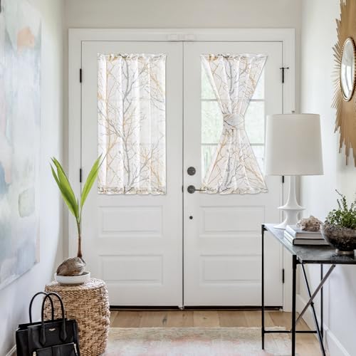 Image of FMFUNCTEX White Sheer Front Door Curtains for Glass 40 Inches Long Yellow Grey Print Branch Tree Half French Panel Semi-Sheer 50 Inches Wide 1 Panel