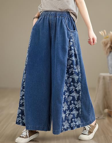chouyatou Women's Casual Wide Leg Denim Pants Baggy Culotte Jeans Butterfly Print Loose Trousers2