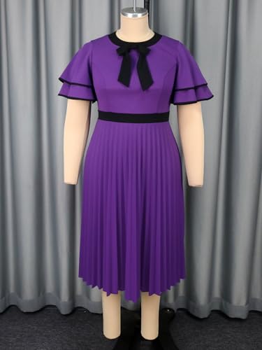 AOMEI Plus Size Dresses for Curvy Women Church Color Block Bowtie Ruffle Sleeve A-Line Pleated Midi Teacher Work Office Dress4